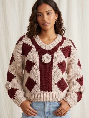 Listicle V-Neck Boho Sweater with Floral Appliqués